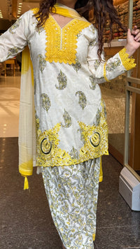 Budget-Friendly Printed Cotton Suit Set with Farshi Salwar & Thread Embroidery | Up to Size 44