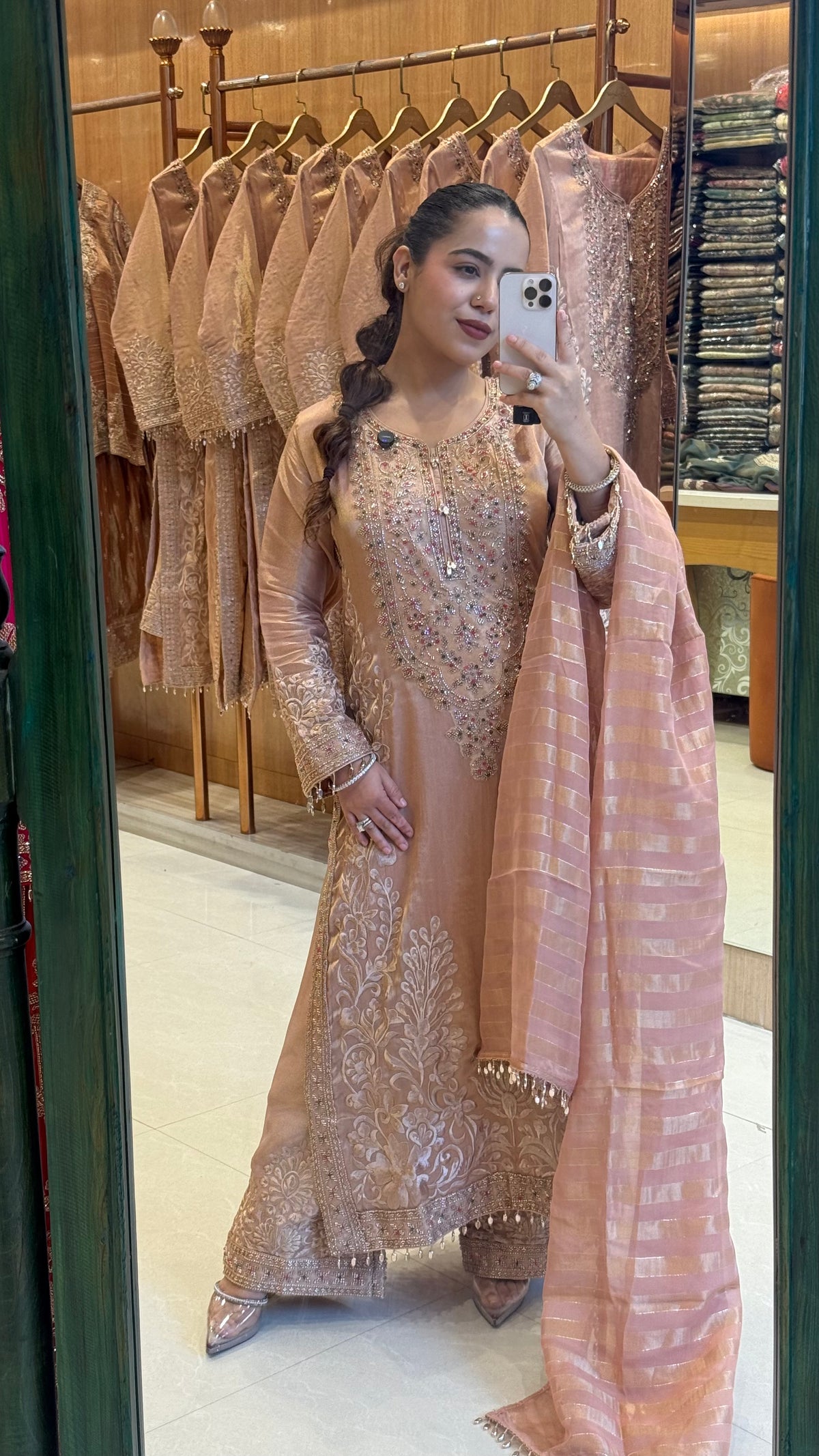 Designer Shimmer Tissue Suit Set with Thread Embroidery Beads & Multicolour Stone Work ( 46 size sides will be plain customisation available if handwork needed )