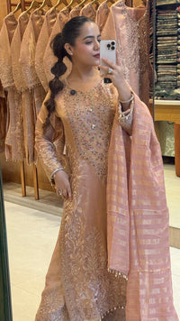 Designer Shimmer Tissue Suit Set with Thread Embroidery Beads & Multicolour Stone Work ( 46 size sides will be plain customisation available if handwork needed )