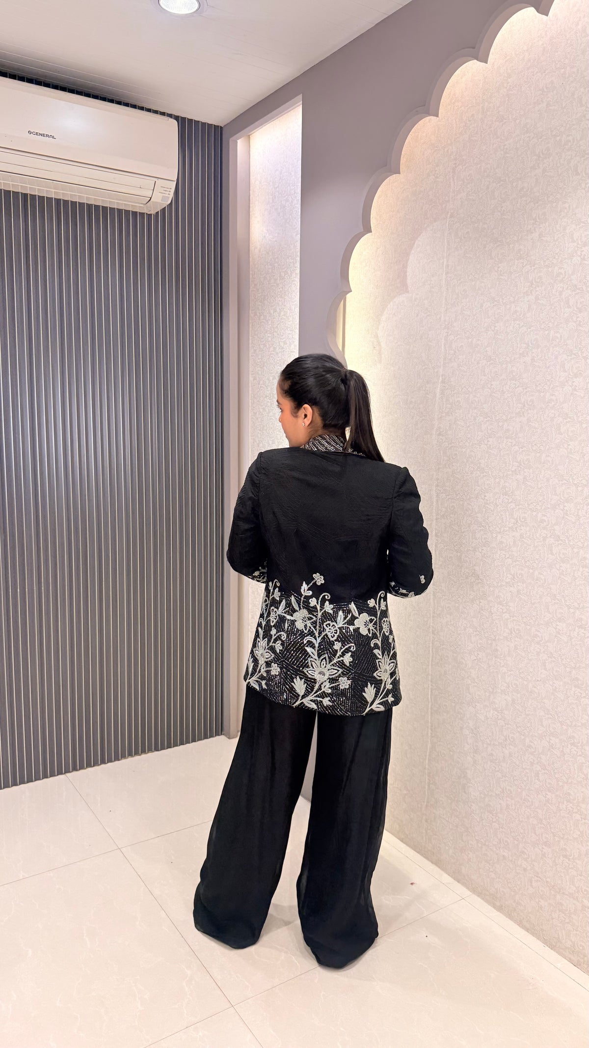 Black Sequin Handwork Silk Blouse with Jacket