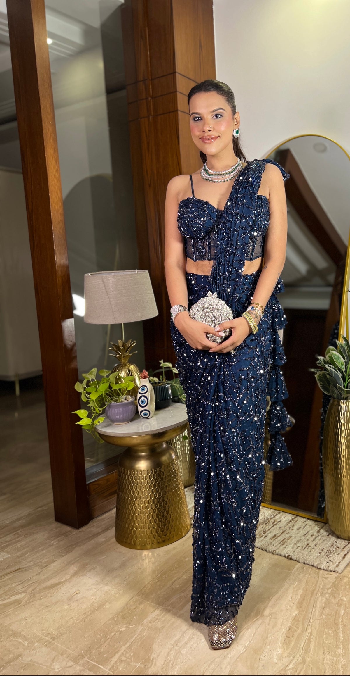 Elegant Crepe Drape Saree with Handwork Blouse – Designer Drape Collection
