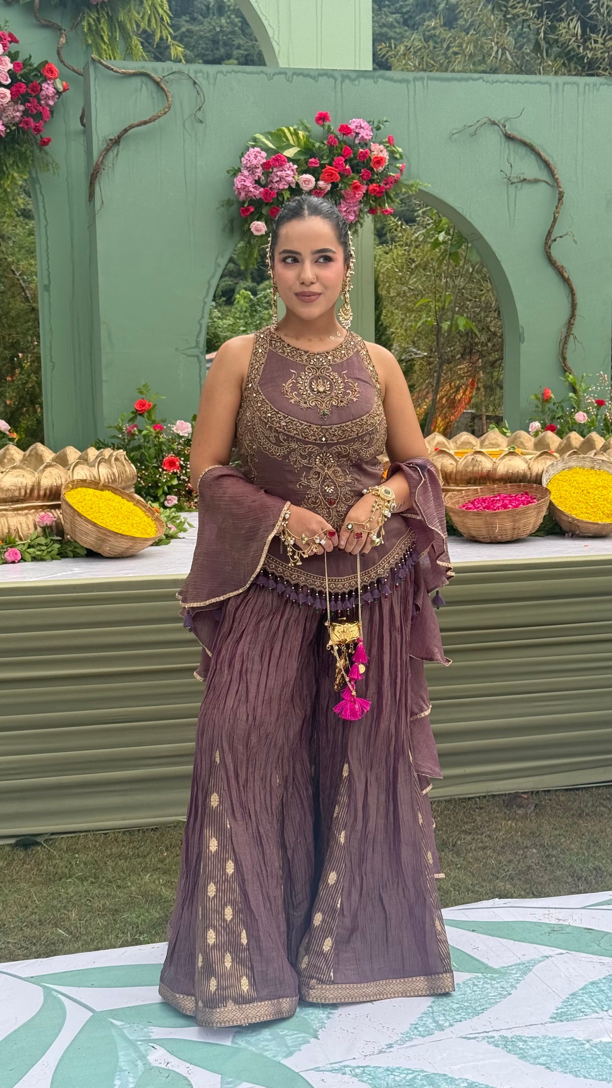 Designer Shimmer Silk Indo-Western Set with Handwork & Crush Tissue Bottom