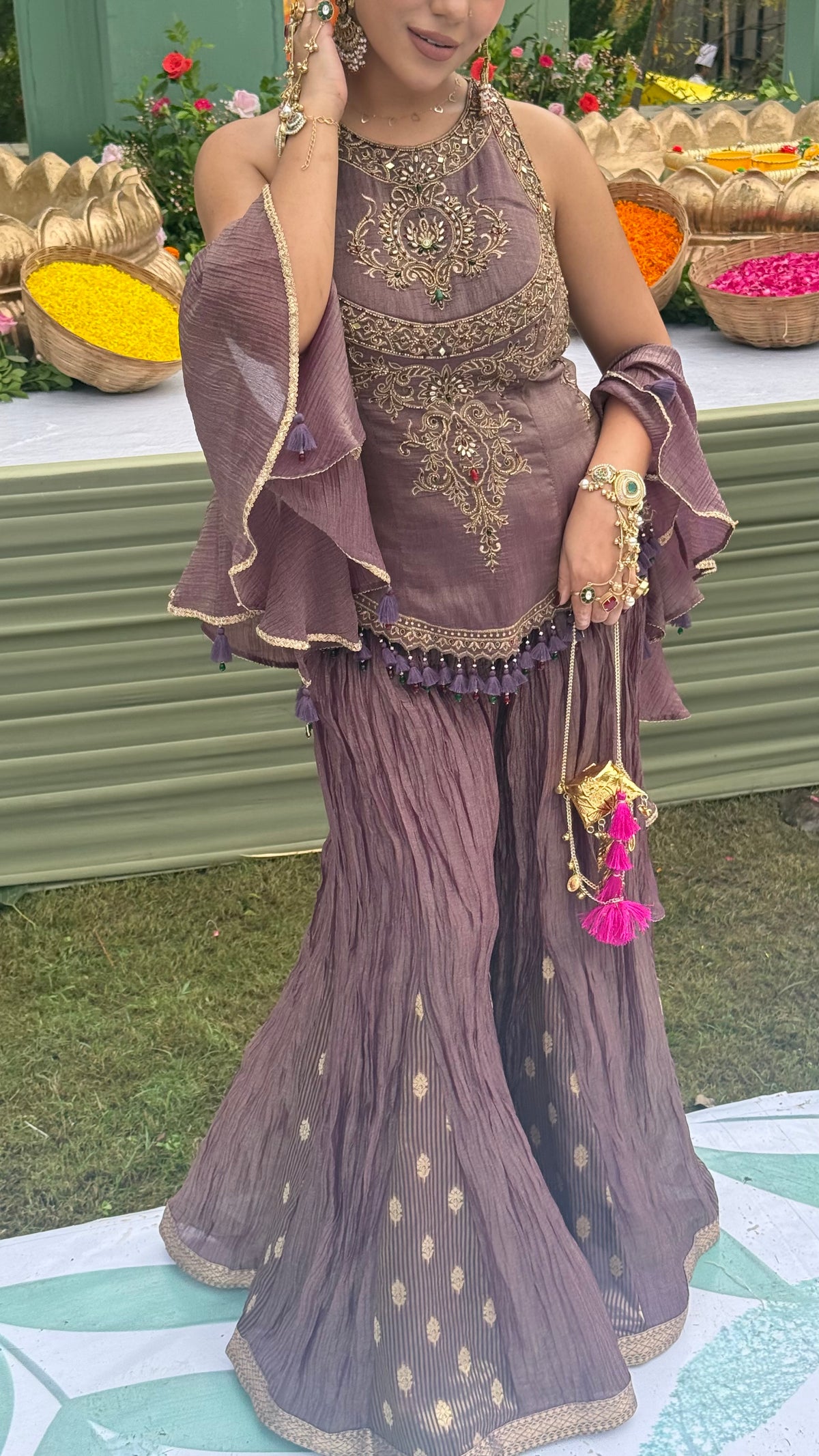 Designer Shimmer Silk Indo-Western Set with Handwork & Crush Tissue Bottom