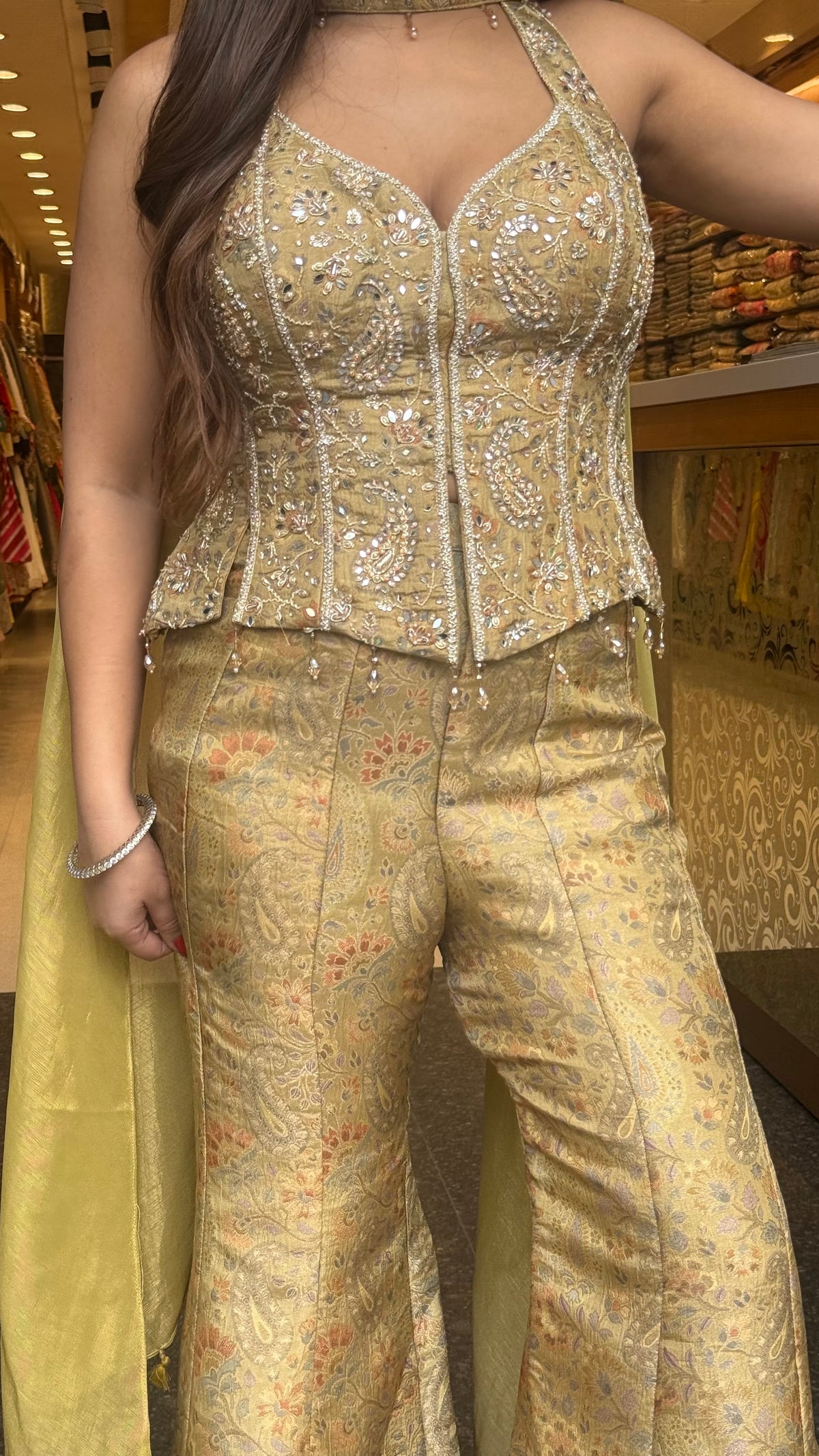 Banarasi Shimmer Indo-Western Set with Mirror, Dabka & Pearl Work | Designer Blouse & Bell Bottoms