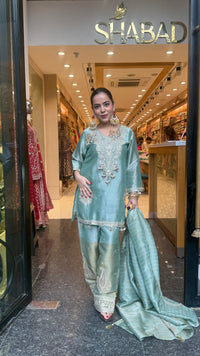 Budget-Friendly Shimmer Silk Suit Set with Dori Work | Sizes Up to 46