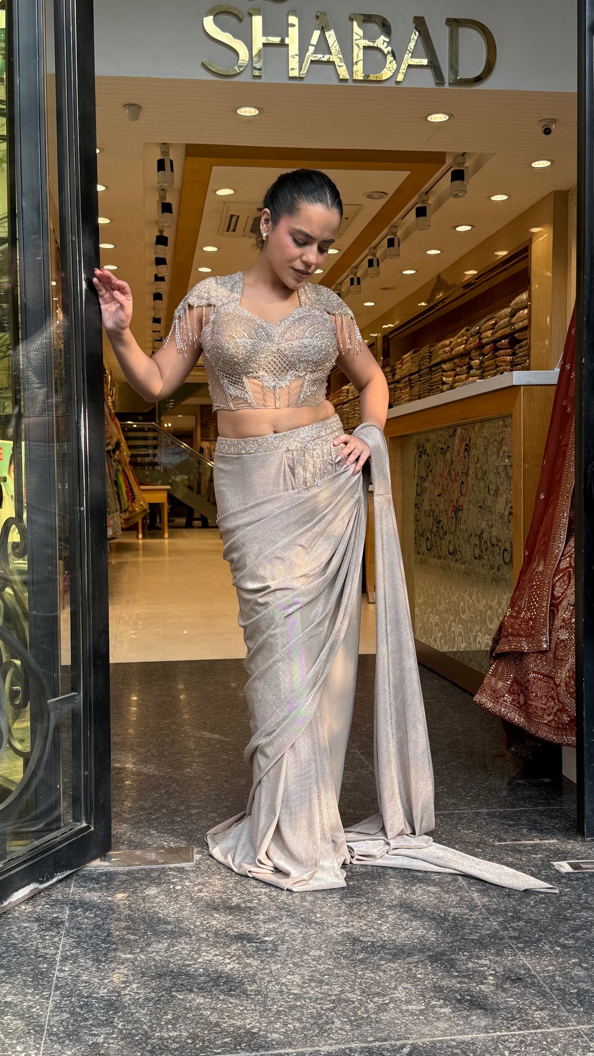 Handwork Georgette Drape Saree with Full-Sleeve Blouse & Tassel Detailing
