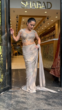 Handwork Georgette Drape Saree with Full-Sleeve Blouse & Tassel Detailing