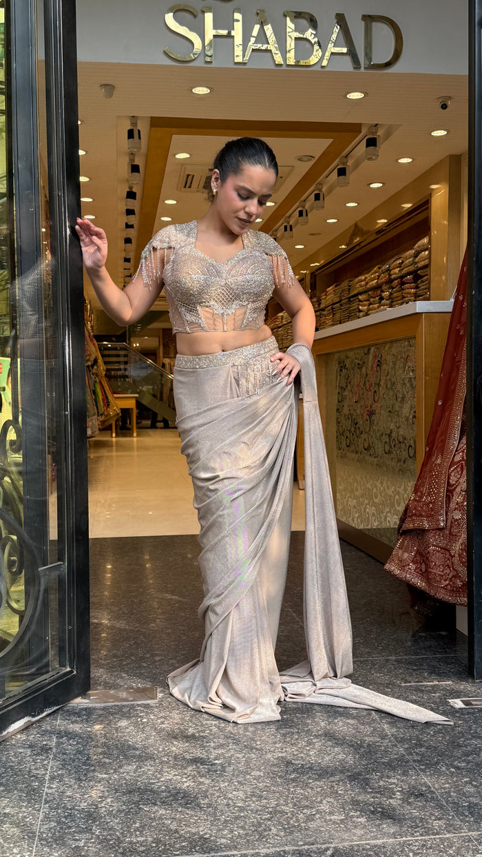 Handwork Georgette Drape Saree with Full-Sleeve Blouse & Tassel Detailing