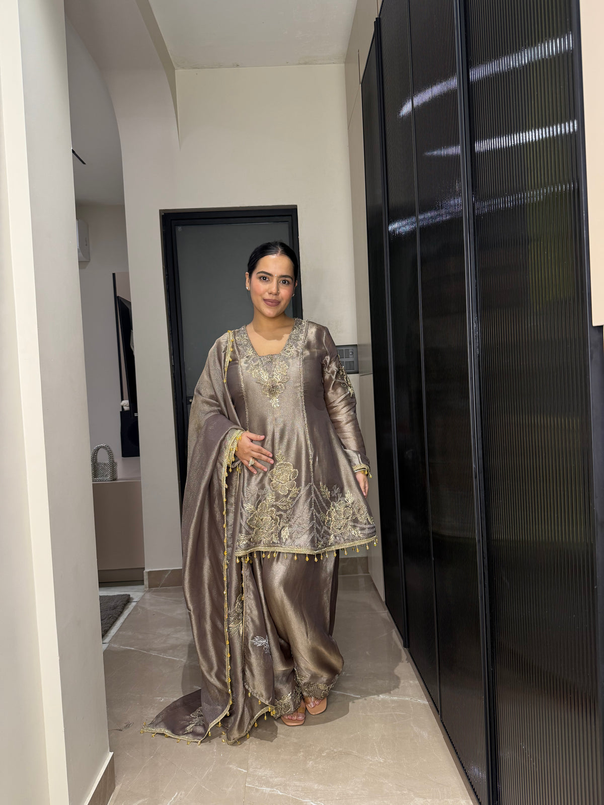 Silk Organza Suit with Zardosi & Aari Embroidery | Antique Silver & Gold Work