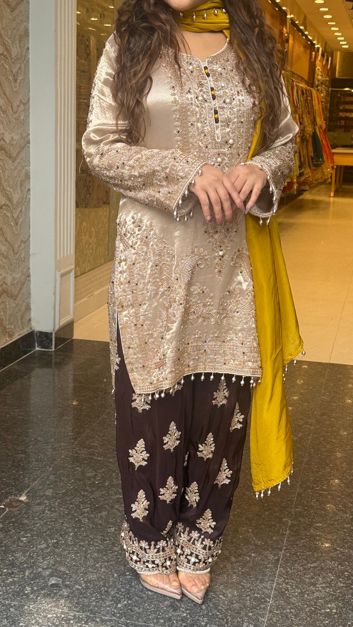Shimmer Silk Beaded Suit Set with Chinon Salwar Style Pant