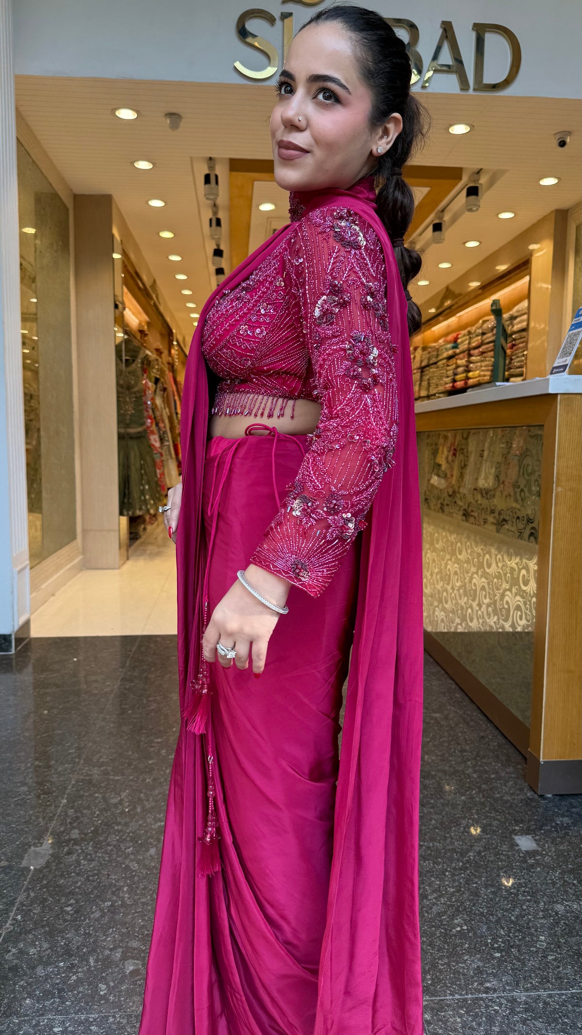 Elegant Crepe Drape Saree with Handwork Blouse – Designer Drape Collection