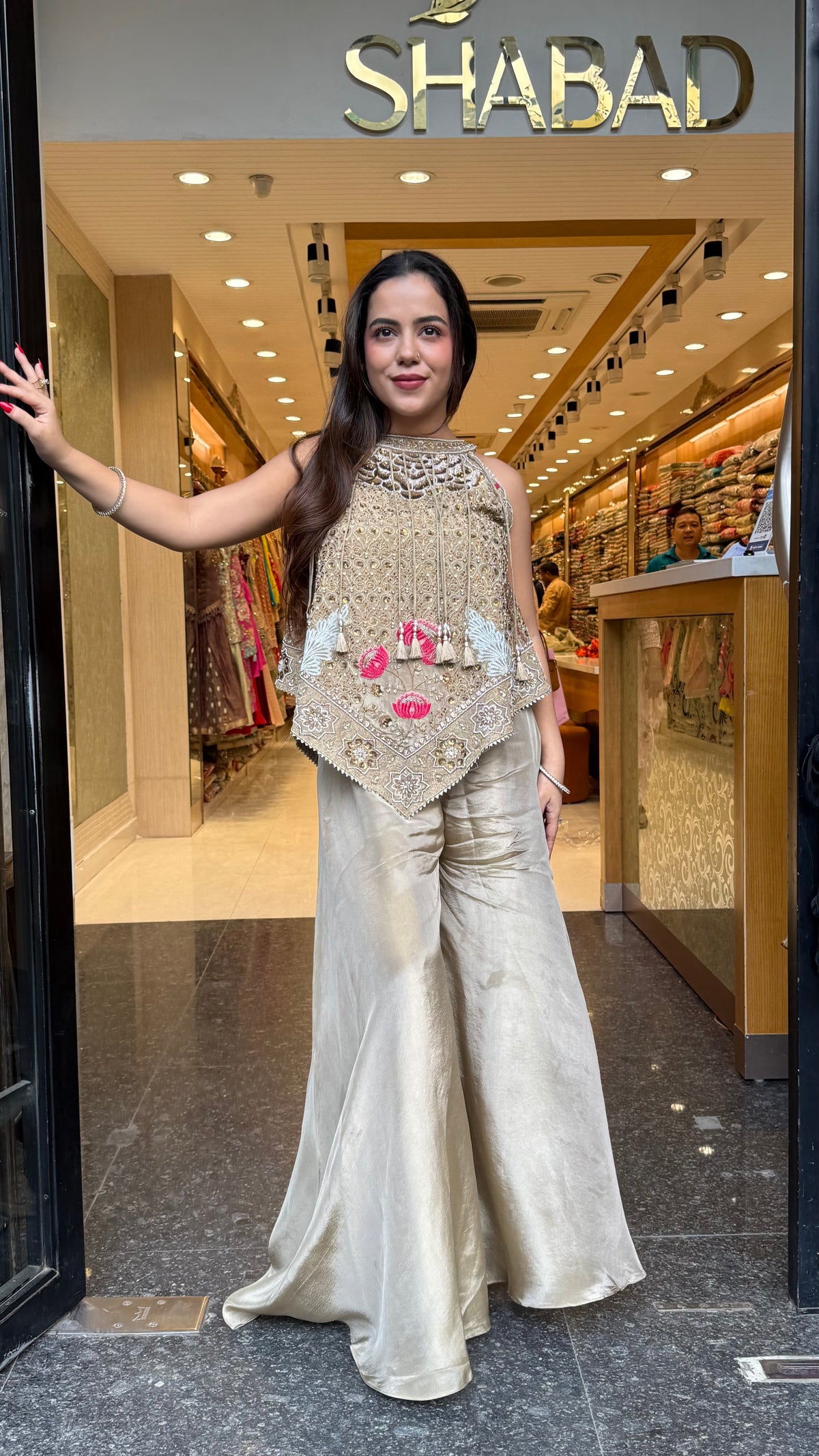Pure Shimmer Silk Indo-Western with Handwork Thread, Zari, Cutdana & Pearl Embroidery