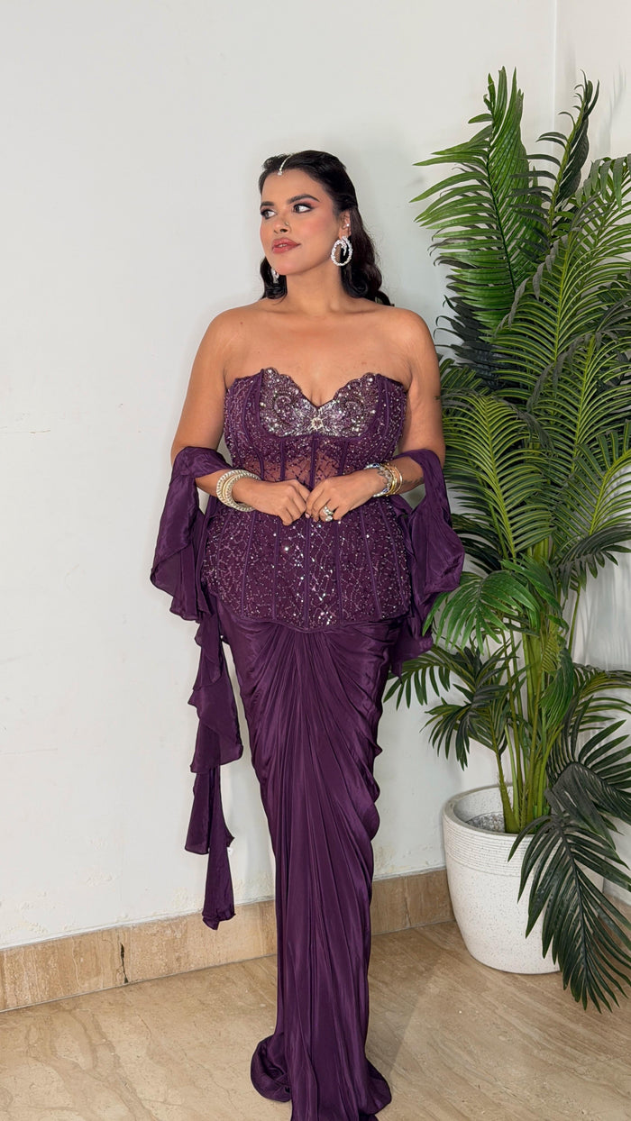 Glam Drape: Handwork Corset Blouse Saree Set with Crepe Bottom