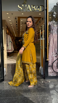Ajrakh Print Farshi Suit Set with Thread Embroidery Neckline Mirror & Shells Detailing | Up to Size 46