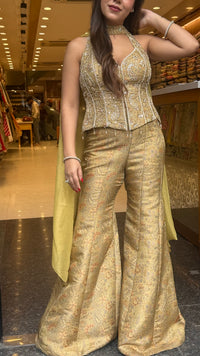 Banarasi Shimmer Indo-Western Set with Mirror, Dabka & Pearl Work | Designer Blouse & Bell Bottoms