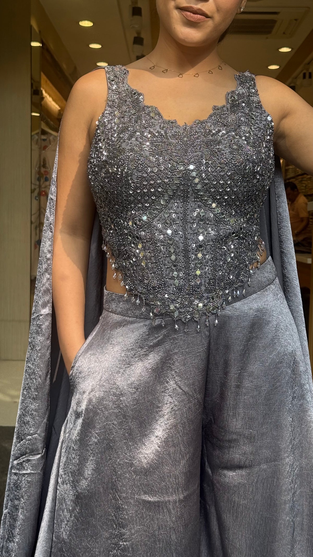 Designer Indo-Western Set with Handwork Mirror & Cutdana Blouse