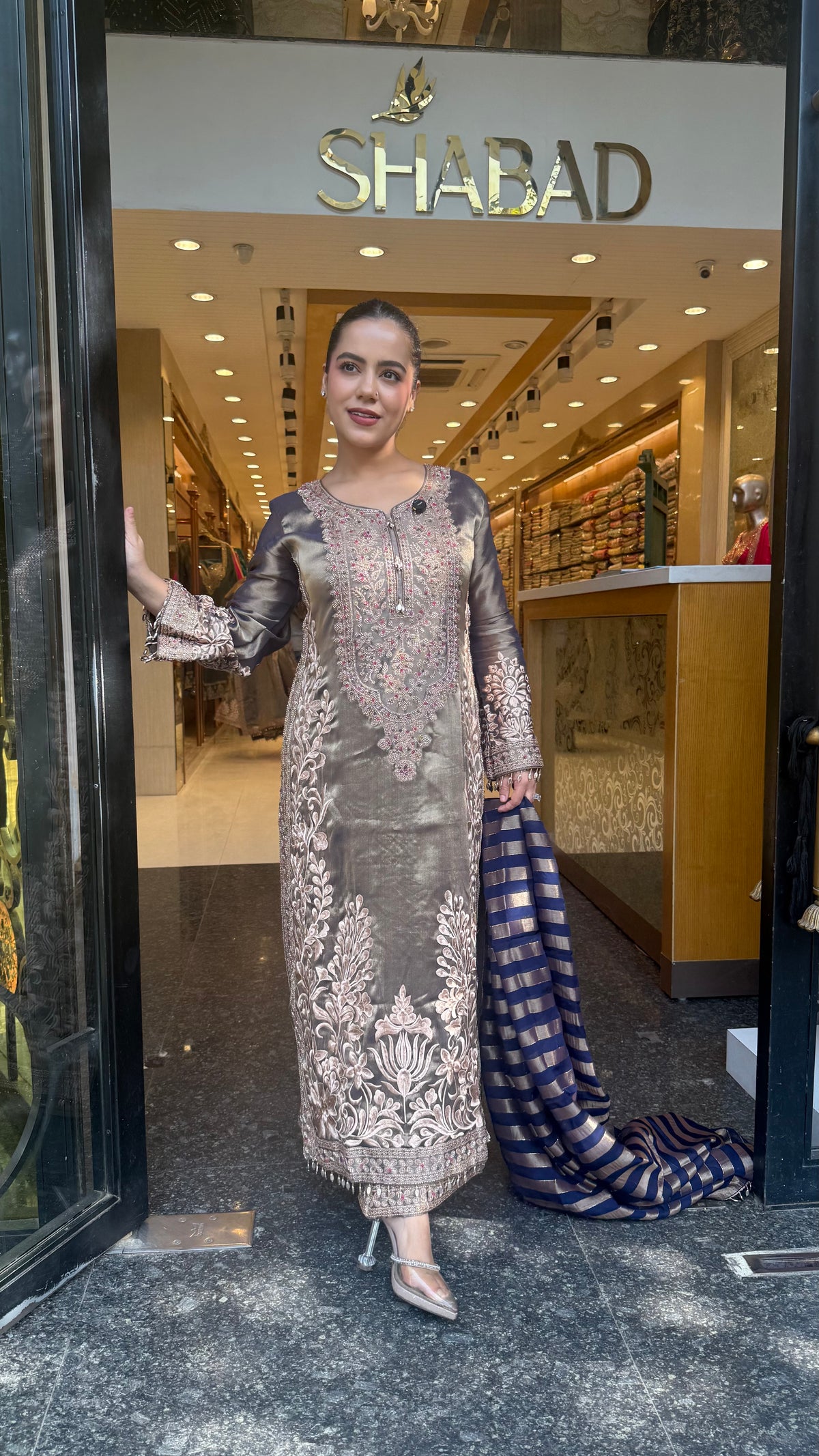 Designer Shimmer Tissue Suit Set with Thread Embroidery Beads & Multicolour Stone Work ( 46 size sides will be plain customisation available if handwork needed )