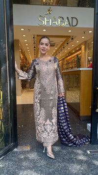 Designer Shimmer Tissue Suit Set with Thread Embroidery Beads & Multicolour Stone Work ( 46 size sides will be plain customisation available if handwork needed )