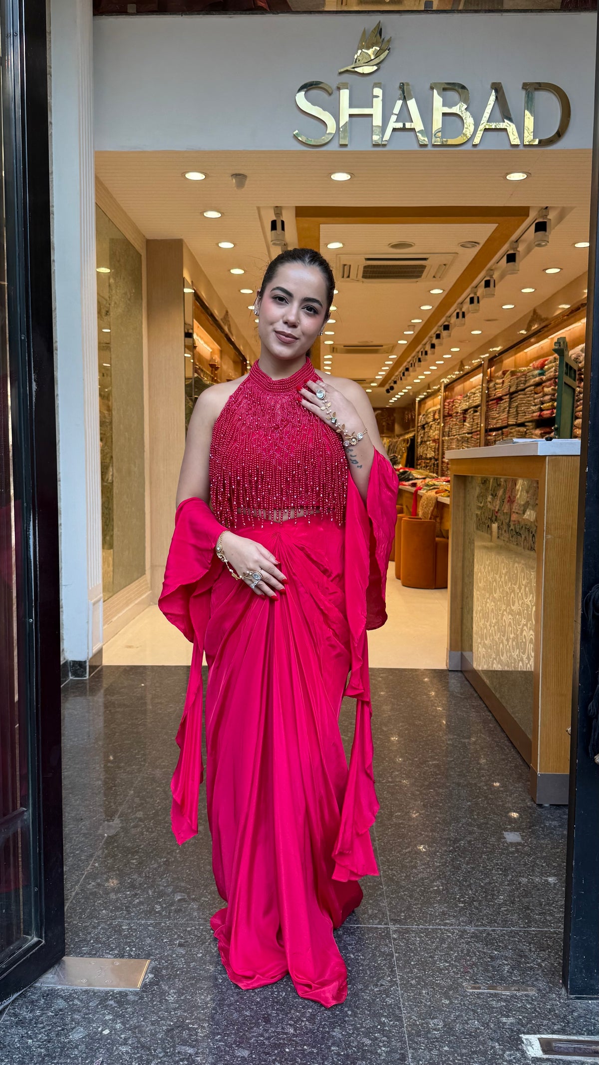 Elegant Crepe Drape Saree with Pearl Tassel Blouse – Designer Ethnic Wear