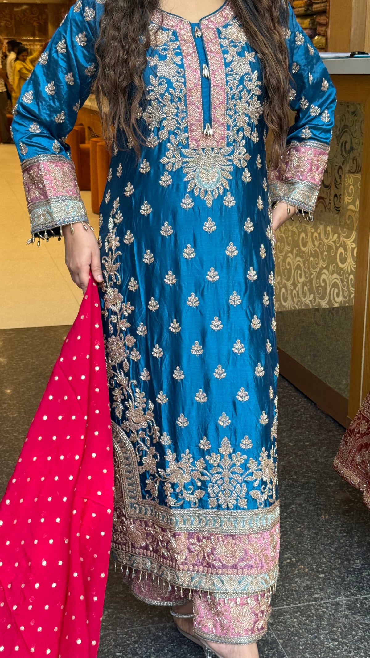 Long Pakistani Suit Set in Satin Silk with Beads Handwork