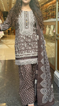Ajrakh Print Farshi Suit Set with Thread Embroidery Neckline Mirror & Shells Detailing | Up to Size 46 (Copy)