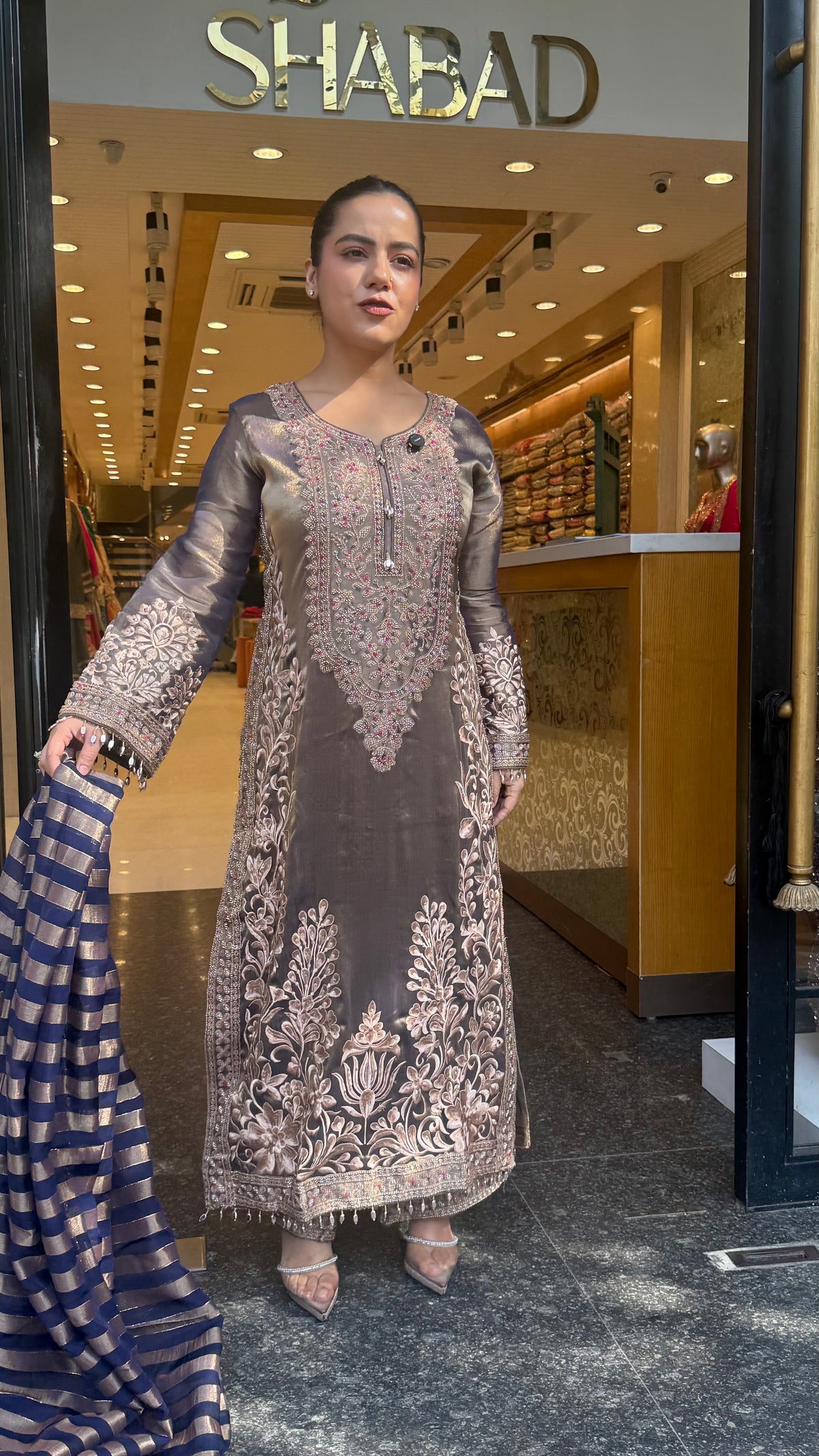 Designer Shimmer Tissue Suit Set with Thread Embroidery Beads & Multicolour Stone Work ( 46 size sides will be plain customisation available if handwork needed )