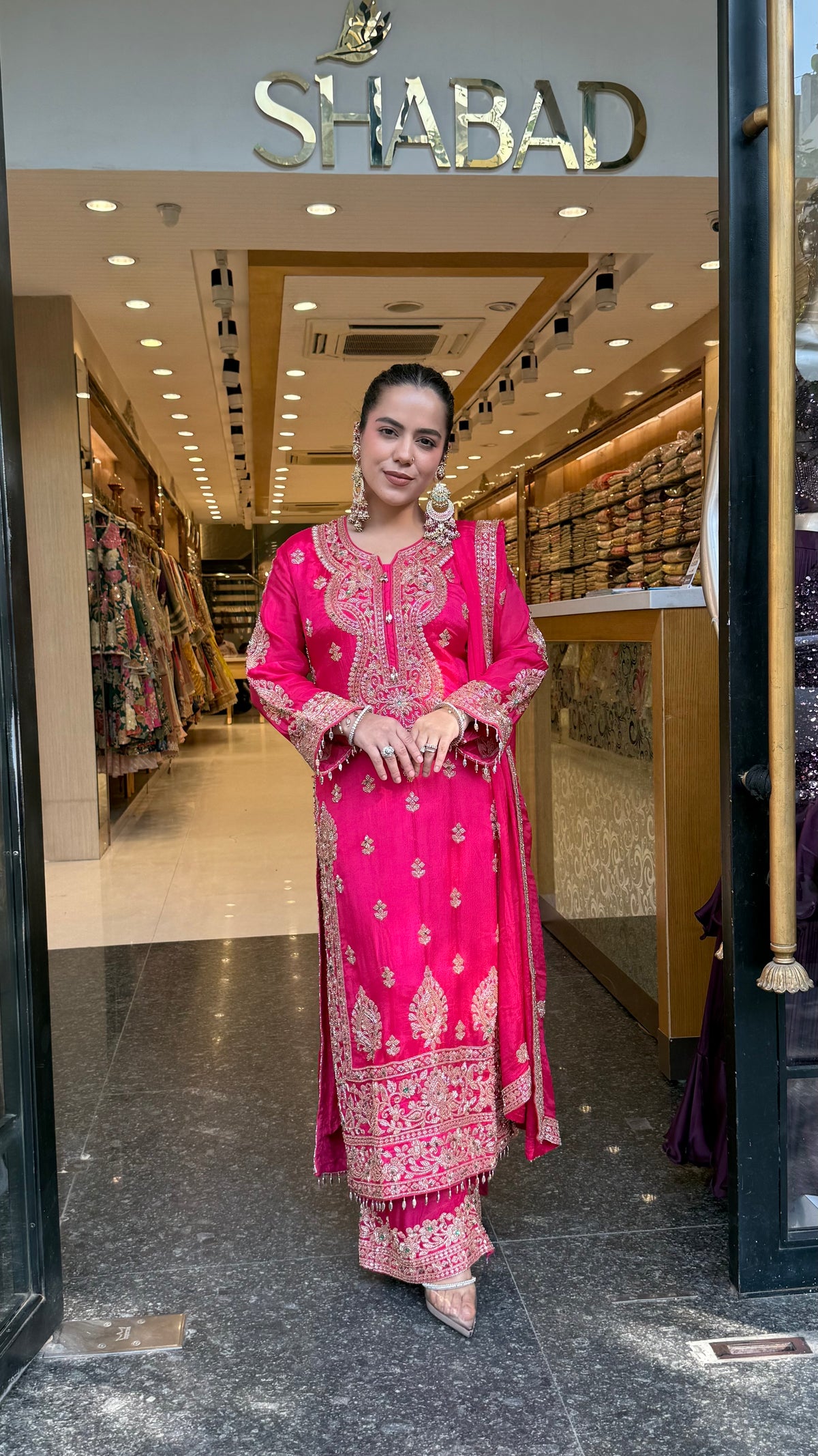 Designer Chinon Suit Set with Multicolour Stone & Beads Work (customisation available for 46/48 size)