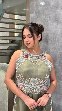 Handworked Designer Jumpsuit –Thread embroidery with pearl dabka and sequin work detailing silk fabric