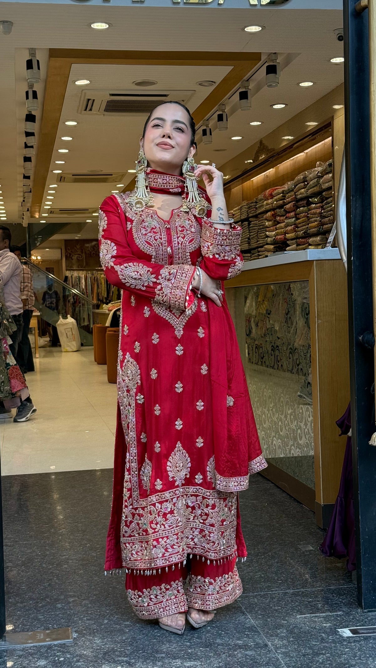 Designer Chinon Suit Set with Multicolour Stone & Beads Work (customisation available for 46/48 size)