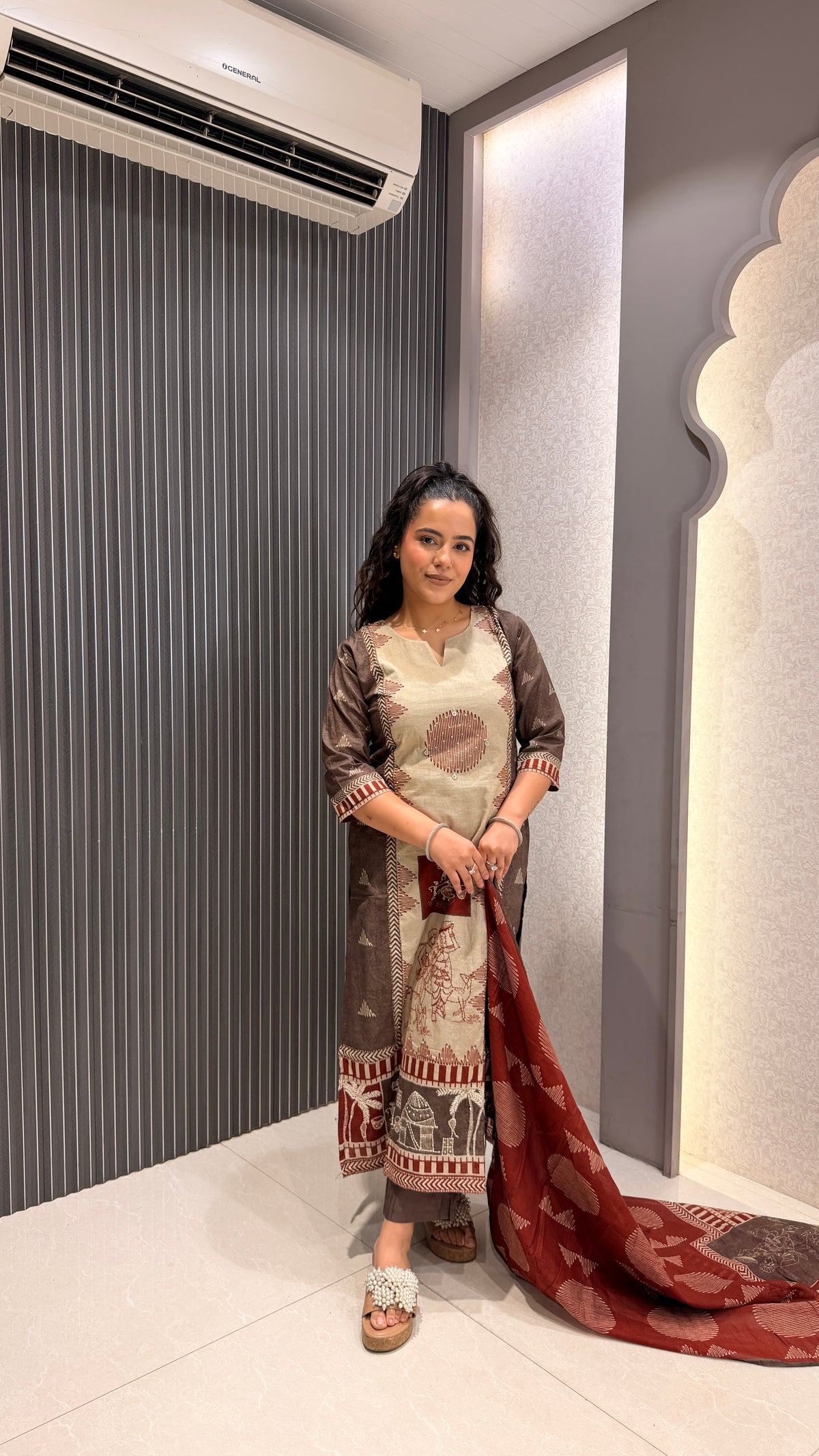 Warli Print Cotton Suit with Thread Embroidery