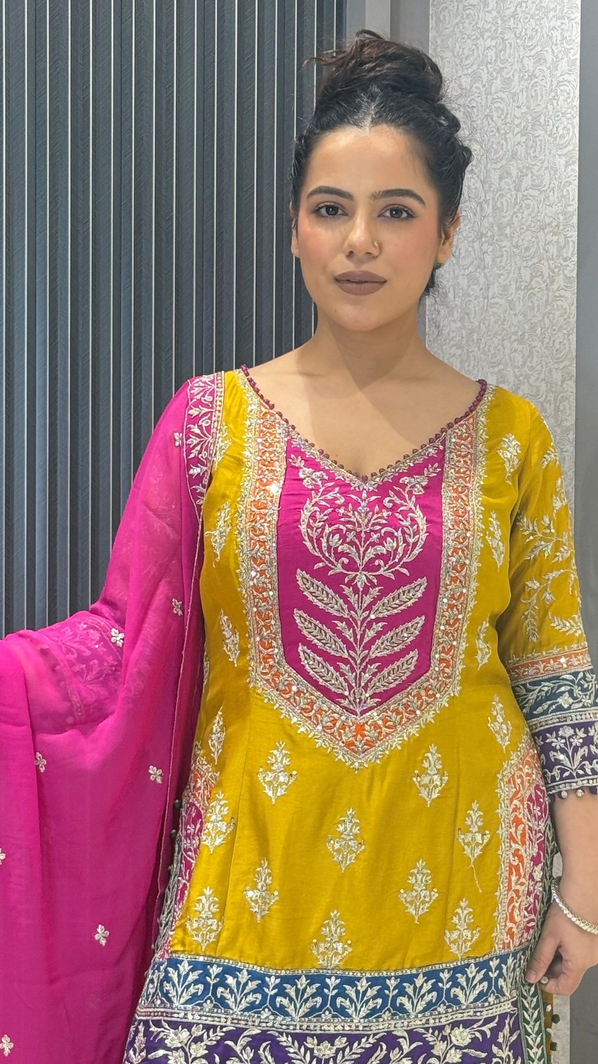 Chinon Garara Suit Set with Sequin & Neem Zari Handwork