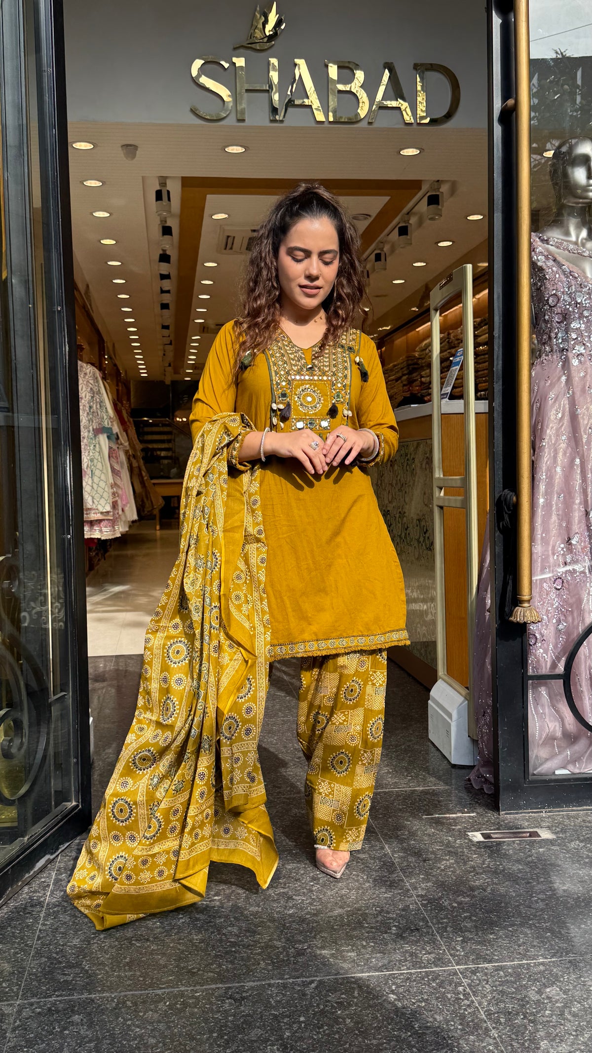 Ajrakh Print Farshi Suit Set with Thread Embroidery Neckline Mirror & Shells Detailing | Up to Size 46