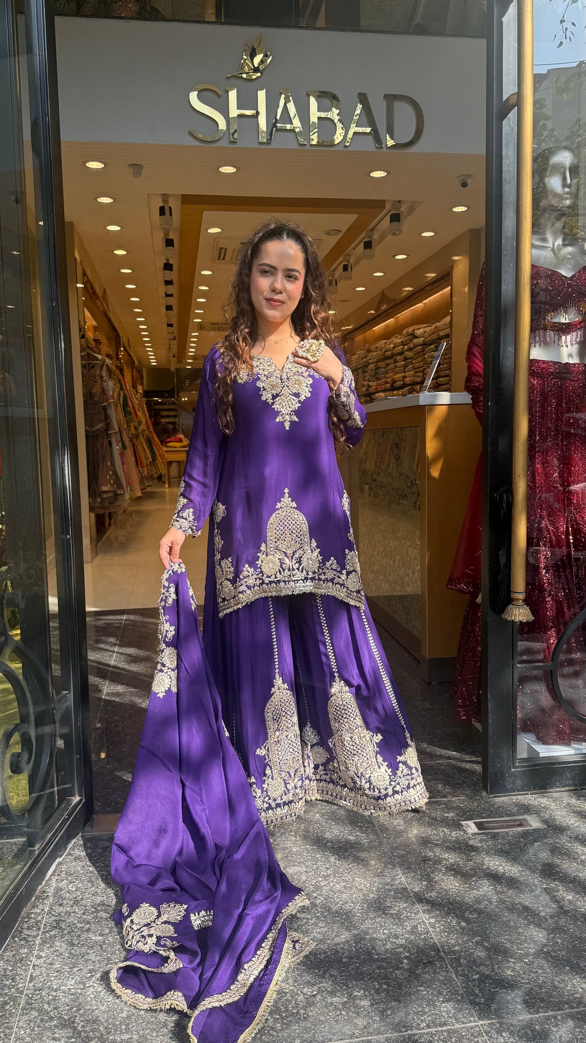 Designer Chinon Suit Set with Dori, Sequin, Pearl & Mirror Work