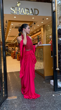 Elegant Crepe Drape Saree with Pearl Tassel Blouse – Designer Ethnic Wear