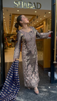 Designer Shimmer Tissue Suit Set with Thread Embroidery Beads & Multicolour Stone Work ( 46 size sides will be plain customisation available if handwork needed )