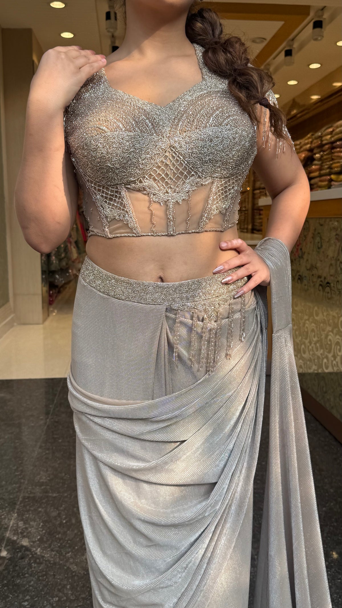 Handwork Georgette Drape Saree with Full-Sleeve Blouse & Tassel Detailing
