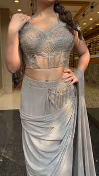 Handwork Georgette Drape Saree with Full-Sleeve Blouse & Tassel Detailing