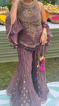 Designer Shimmer Silk Indo-Western Set with Handwork & Crush Tissue Bottom