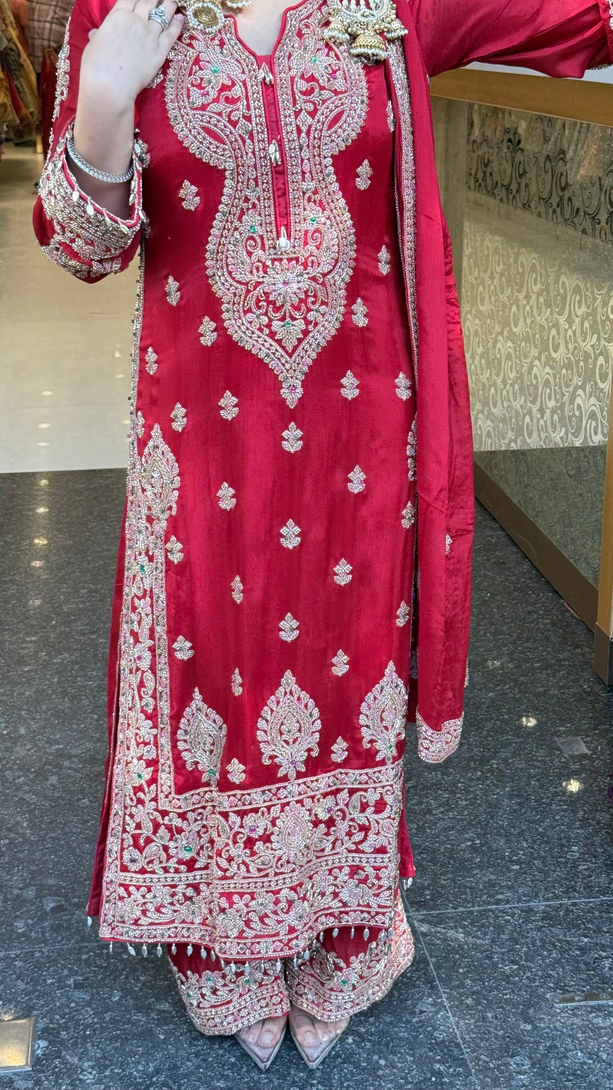 Designer Chinon Suit Set with Multicolour Stone & Beads Work (customisation available for 46/48 size)