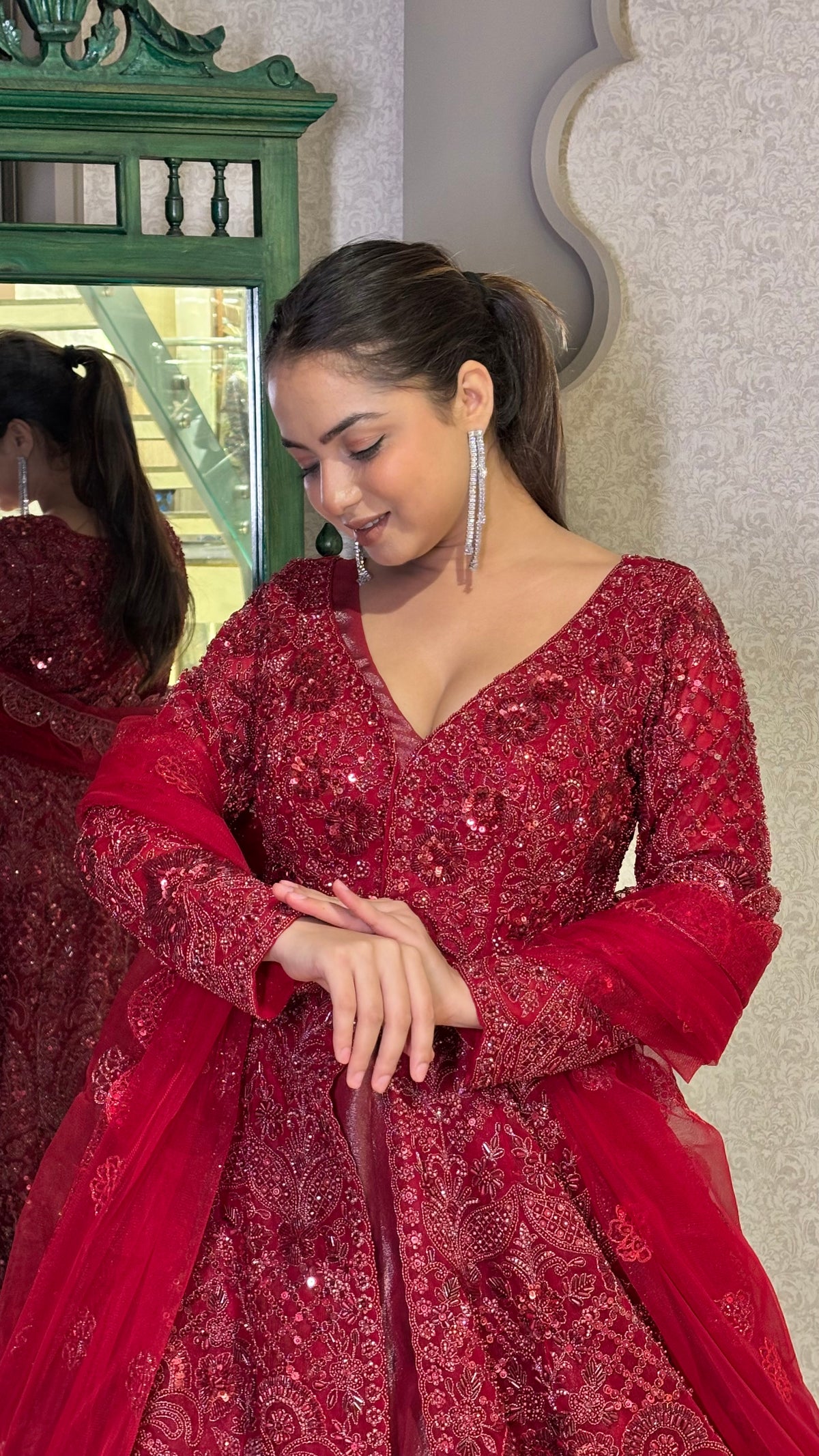 Long jacket lehenga.. pearls cutdana sequin stones work