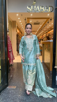 Budget-Friendly Shimmer Silk Suit Set with Dori Work | Sizes Up to 46