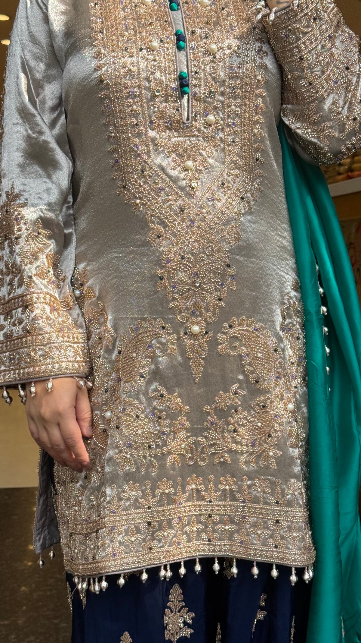 Shimmer Silk Beaded Suit Set with Chinon Salwar Style Pant