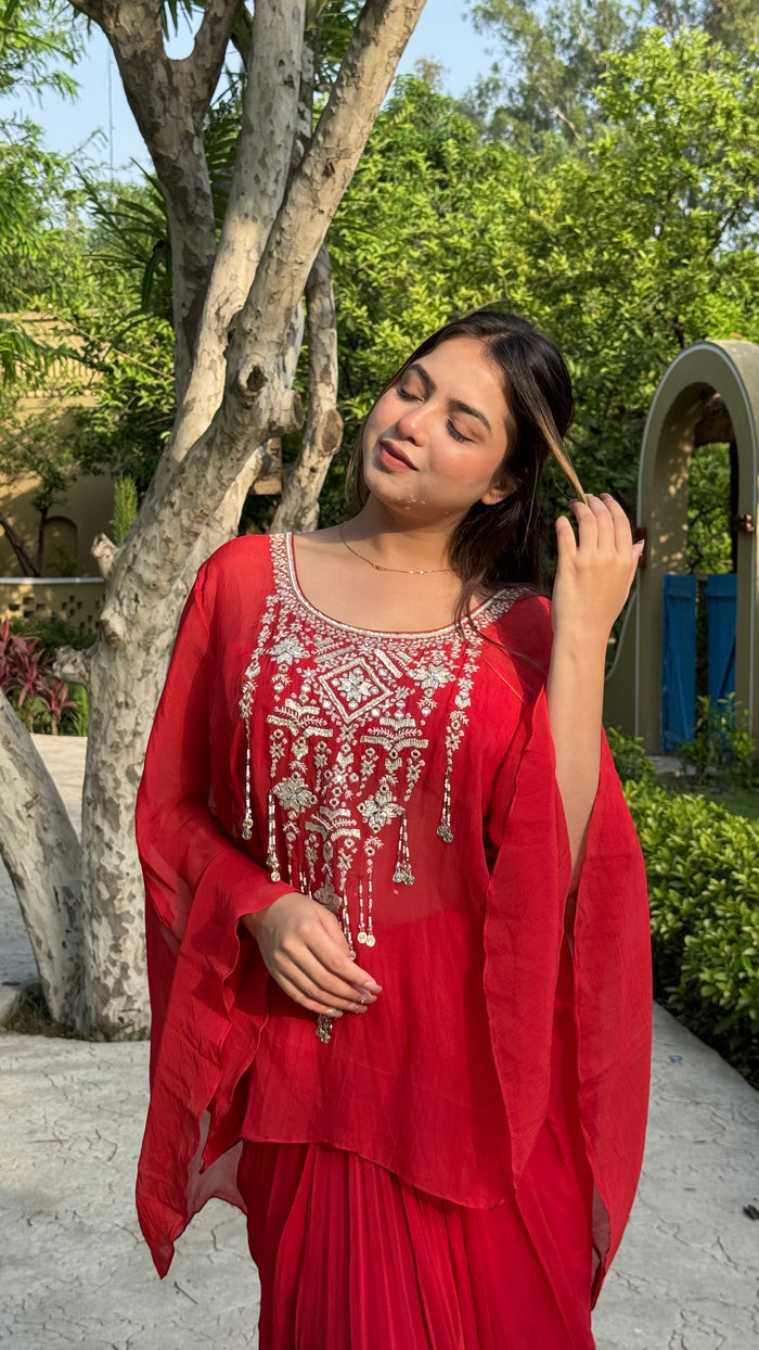 Gold Embellished Organza Kaftan Set with Crepe Bottom