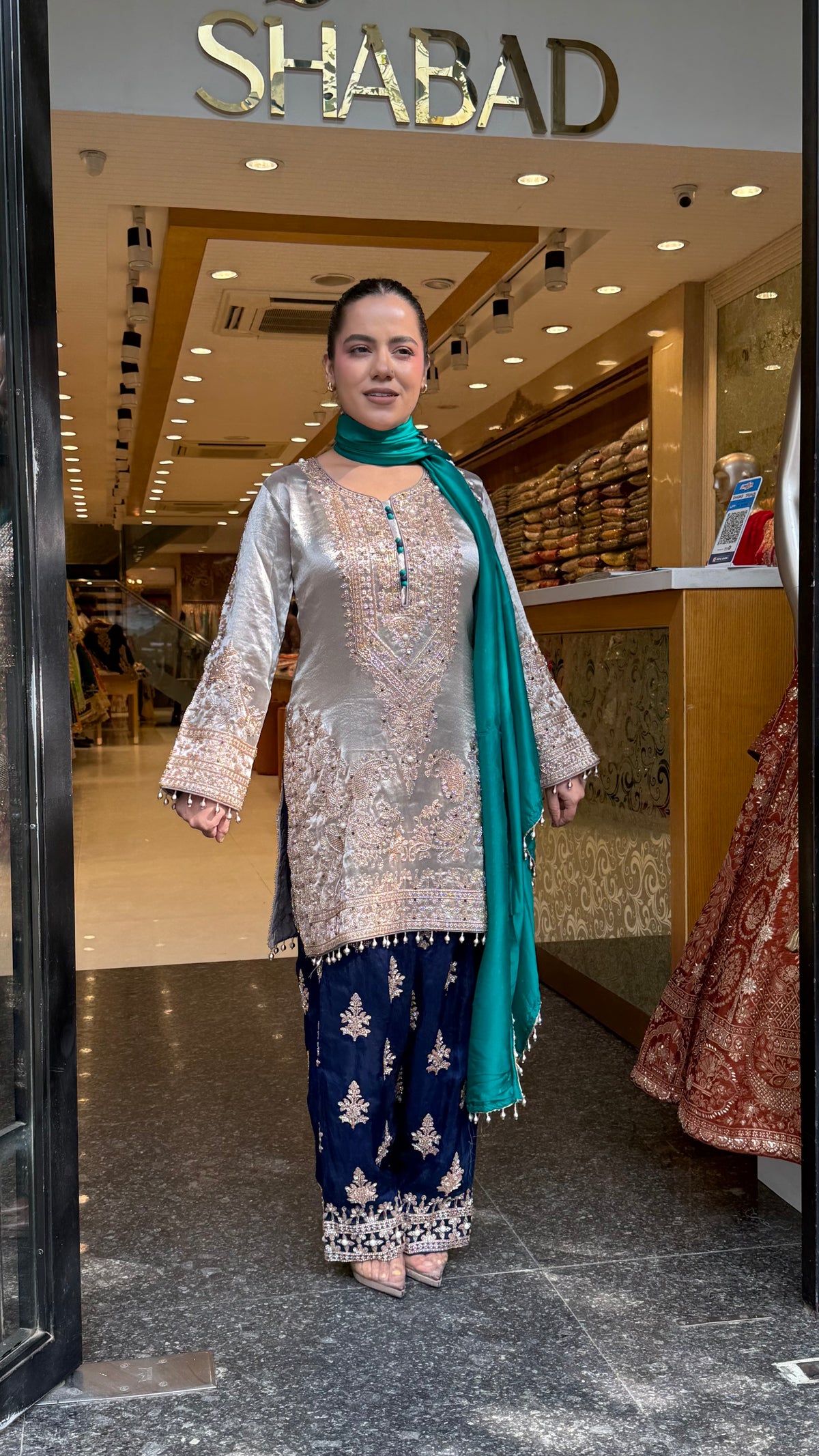 Shimmer Silk Beaded Suit Set with Chinon Salwar Style Pant