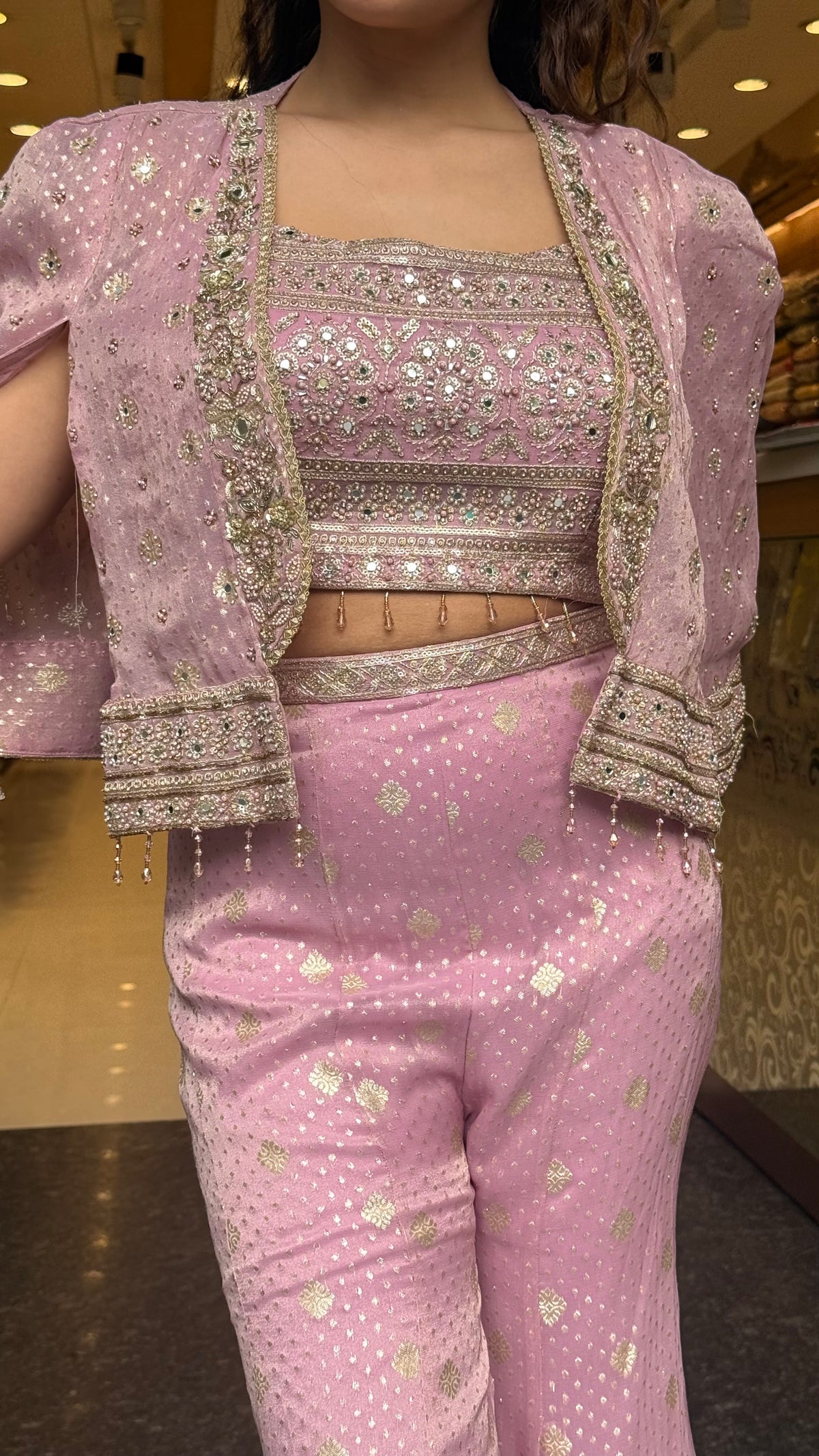 Banarsi Shimmer Indo-Western Set with Handwork Mirror Jacket | Upto Size 40