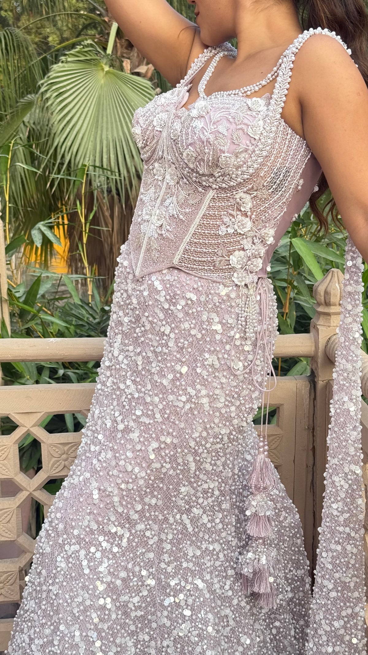 Pearl & Two-Tone Sequin Handwork Corset Blouse with Fish-Cut Lehenga
