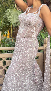 Pearl & Two-Tone Sequin Handwork Corset Blouse with Fish-Cut Lehenga