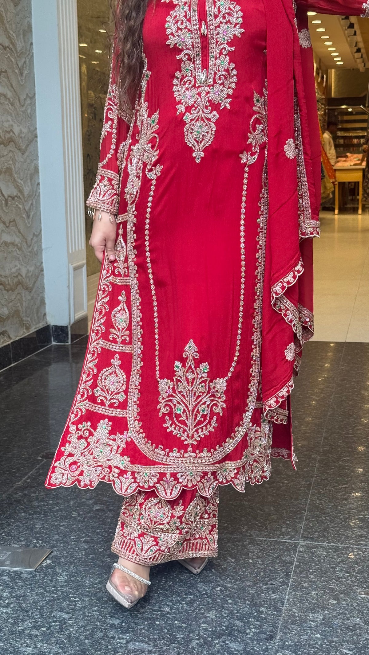 Designer Chinon Suit Set with Beads Work | Sizes Up to 42