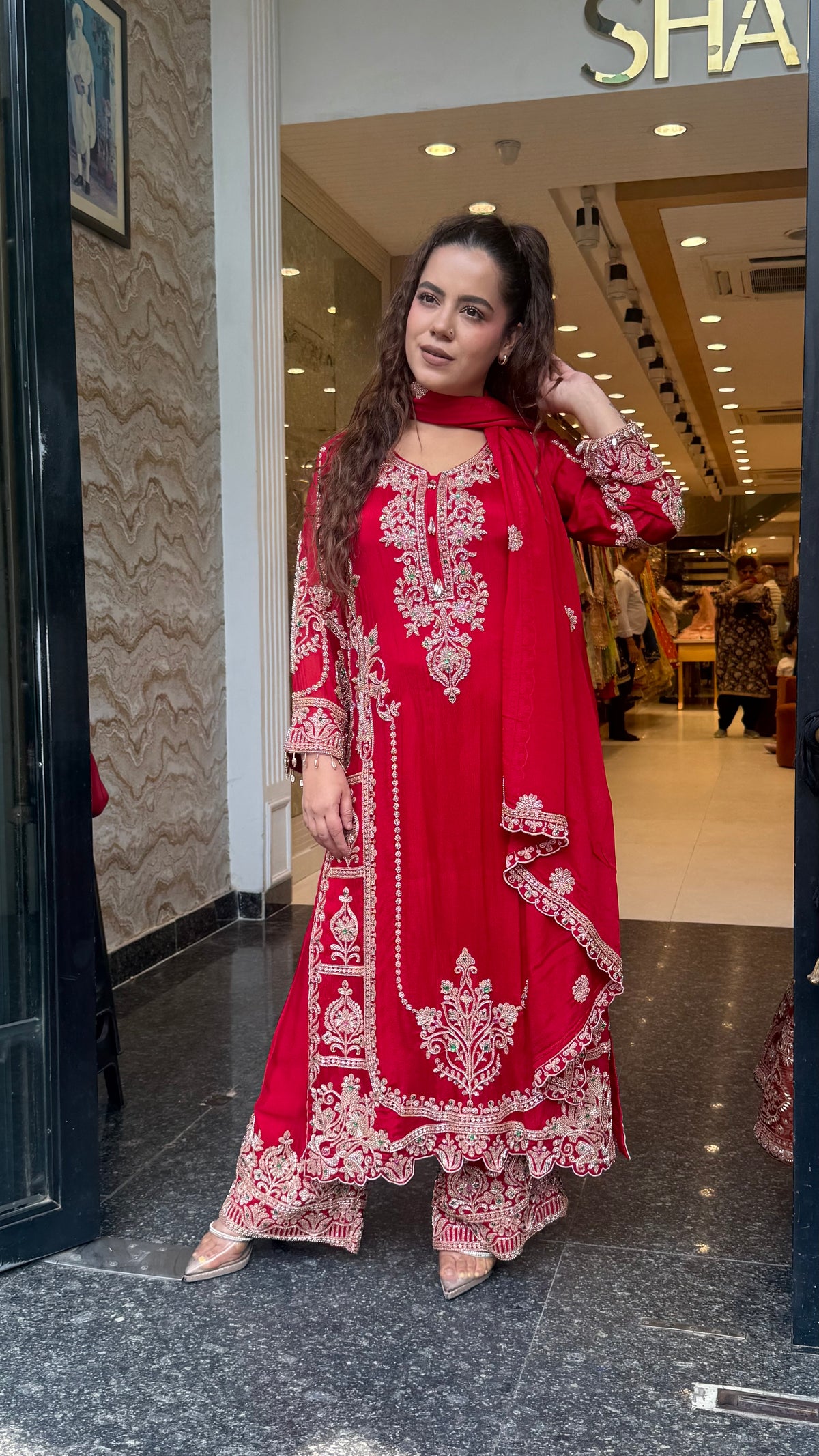 Designer Chinon Suit Set with Beads Work | Sizes Up to 42