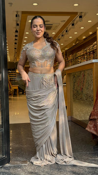 Handwork Georgette Drape Saree with Full-Sleeve Blouse & Tassel Detailing